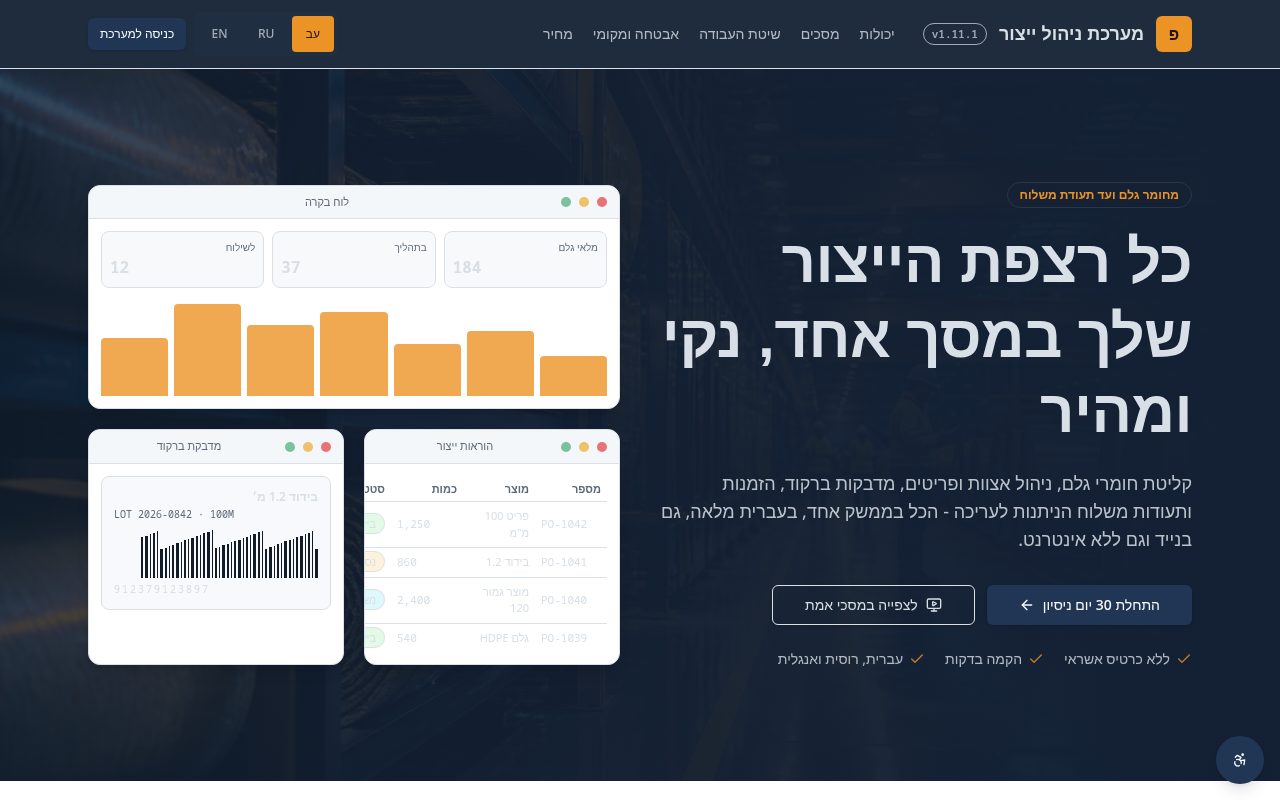 צילום מסך של ניהול רצפת ייצור